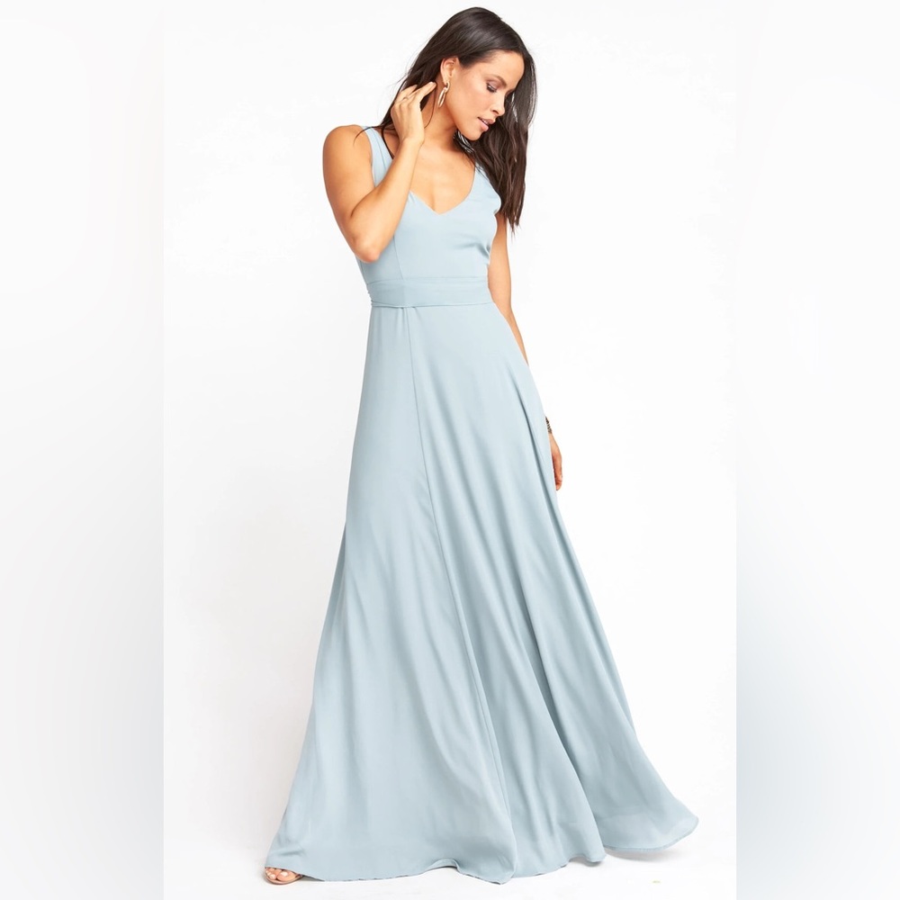 NWT Show Me Your Mumu Jenn Chiffon A-Line Gown Maxi Dress Silver Sage Sz Large